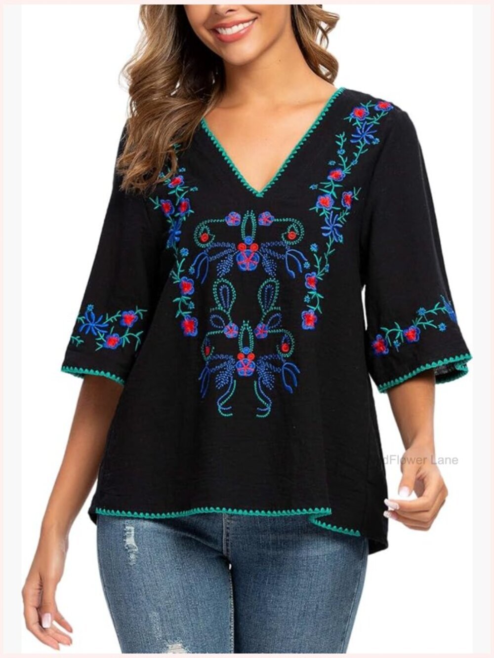 Women's Boho Embroidered Peasant Top Tunic Blouse Cotton Loose